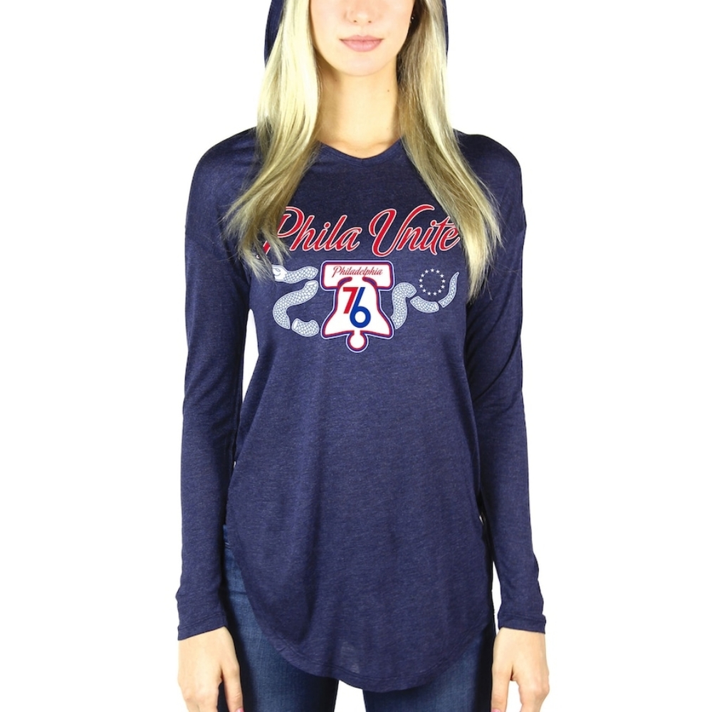NWT Philadelphia 76ers Sportiqe Navy Phila Unite Long Body V-Neck Hoodie